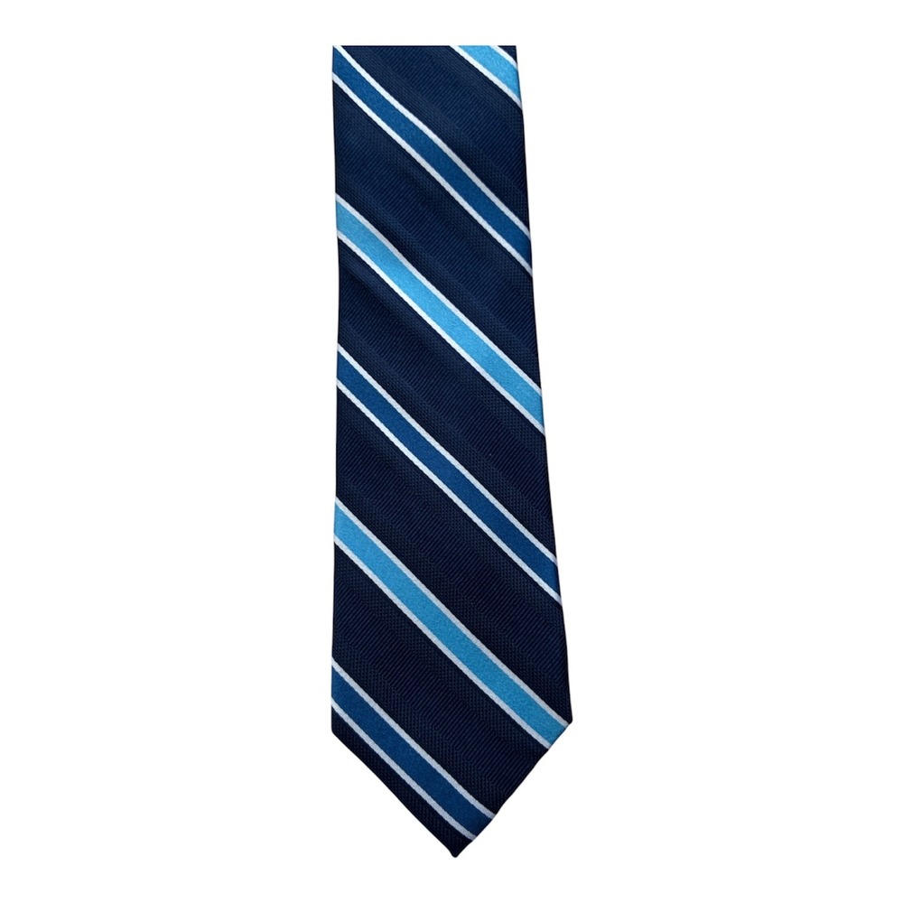 Express Mens Silk Necktie Navy Blue Light Blue Diagonal Striped Textured Skinny